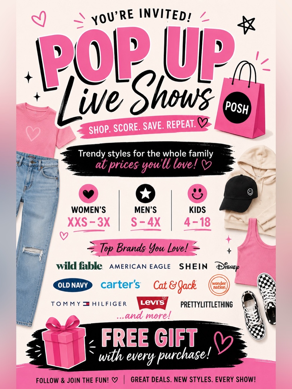 Like To Be Notified- Pop Up Live Shows- Womens, Mens, & Kids. Free 🎁 W Purchase